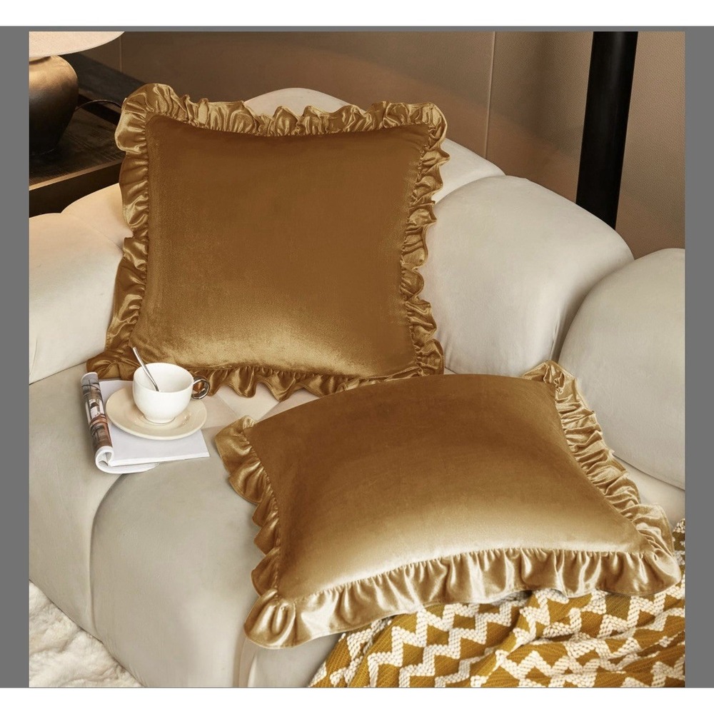 NWOT Gold Velvet Square Ruffles Pillow Sham Covers 18"X 18" Set Of 2 GOLD